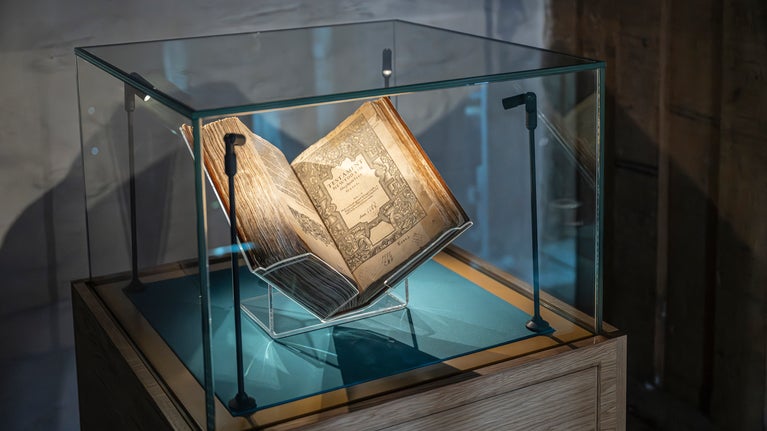 1588 Welsh Bible in its display case at Tŷ Mawr Wybrnant